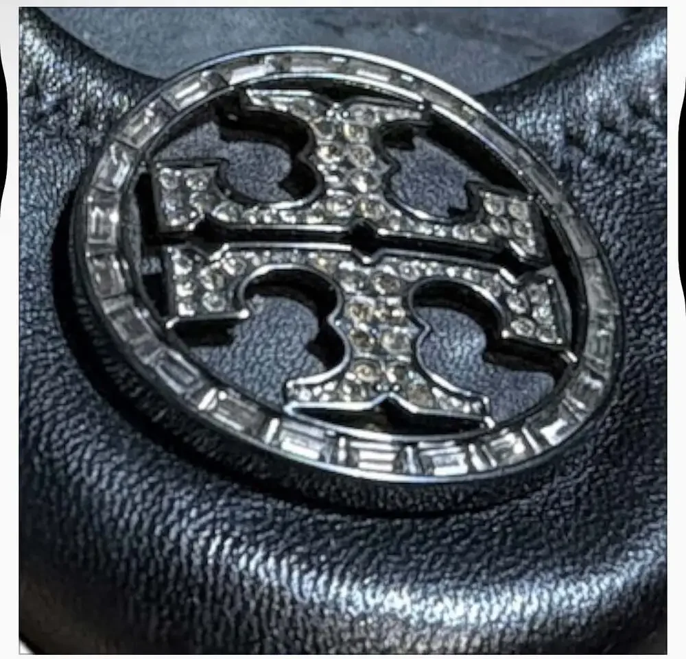 Tory Burch Black Leather Ballet Flats with Crystal Logo Medallion